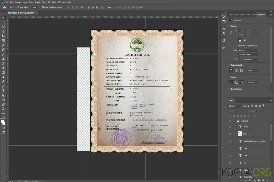 Modèle PSD de certificat de décès du Belize template